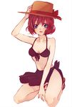  bikini blue_eyes blush breasts cleavage front-tie_top hat ibara_benio kneeling medium_breasts original purple_sarong red_hair sandals sarong short_hair solo swimsuit 