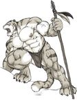  4_toes angry balls barefoot biceps big_muscles buff bulge claws crouching feline grisser loincloth male mammal manly monochrome muscles nipples polearm roaring solo spear tail tiger tongue tribal vein veins warrior weapon 