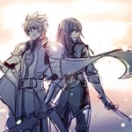  armor bad_id bad_pixiv_id cape flynn_scifo gloves hand_on_hip knight lens_flare long_hair looking_back male_focus meer_rowe monochrome multiple_boys sketch spiked_hair sword tales_of_(series) tales_of_vesperia weapon yuri_lowell 