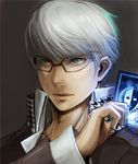  blue_card card face glasses grey_eyes grey_hair holding holding_card houndstooth inukichi male_focus narukami_yuu persona persona_4 portrait school_uniform simple_background solo 