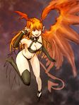  asymmetrical_clothes asymmetrical_clothing bare_shoulders breasts cleavage demon_girl elbow_gloves gloves horns long_hair lord_of_vermilion midriff navel open_mouth orange_hair pointy_ears red-eyes red_eyes single_thighhigh single_wing smile solo succubus succubus_(lord_of_vermilion) tail thighhighs wings 