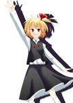  \||/ ahoge blonde_hair fang hair_ribbon hand_up kuze red_eyes ribbon rumia solo touhou 