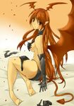  barefoot breasts covering covering_breasts demon_girl elbow_gloves gloves horns kuroboshi_roki long_hair looking_back lord_of_vermilion no_bra pointy_ears red_eyes red_hair sideboob single_wing solo succubus succubus_(lord_of_vermilion) tail undressing wings 