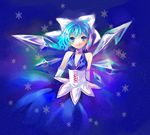  blue_eyes blue_hair bow breasts cirno cleavage hair_bow ice medium_breasts smile snow snowflakes solo touhou wings yutsuka_(amyucca) 