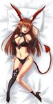  bare_shoulders breasts brown_hair cleavage demon_girl detached_sleeves drooling eyes_closed hiba_(p-p-purin) high_heels horns long_hair lord_of_vermilion lying midriff navel open_mouth pillow pointy_ears saliva shoes single_thighhigh sleeping smile solo succubus succubus_(lord_of_vermilion) tail thighhighs 