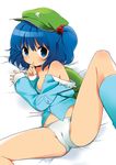  backpack bad_id bad_pixiv_id bag bare_shoulders bed_sheet blue_eyes blue_hair boots cameltoe face hair_bobbles hair_ornament hat ica kawashiro_nitori leg_lift lying no_pants off_shoulder on_side panties short_hair solo spread_legs touhou two_side_up underwear white_panties 