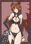  asahikawa asymmetrical_clothes asymmetrical_clothing bare_shoulders bikini black_eyes breasts brown_hair cleavage demon_girl hand_on_hip hips long_hair lord_of_vermilion midriff navel pointy_ears simple_background single_thighhigh single_wing smile solo succubus succubus_(lord_of_vermilion) swimsuit thighhighs wings 