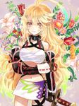  ahoge bad_id bad_pixiv_id blonde_hair brown_eyes choker elbow_gloves flower gloves green_hair j-peg lily_(flower) long_hair microskirt midriff milla_maxwell multicolored_hair print_skirt shirt side_slit sketch skirt smile solo strapless sword tales_of_(series) tales_of_xillia taut_clothes taut_shirt tubetop two-tone_hair weapon white_skirt 