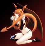  asymmetrical_clothes asymmetrical_clothing breasts cleavage demon_girl detached_sleeves finger_licking high_heels horns kneeling licking long_hair lord_of_vermilion navel orange_hair pointy_ears r_ayase68 shoes single_wing solo succubus succubus_(lord_of_vermilion) tail tongue wings 
