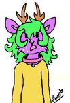  antlers cervine collar deer freckles green_hair hair horn mammal plain_background purple purple_body white_background yellow_clothing 