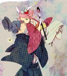  1girl aono_(cmns) black_hair catch couple eye_contact flower gloves green_eyes haruno_sakura hat hetero japanese_clothes jewelry kimono looking_at_another naruto naruto_(series) pendant pink_hair ribbon short_hair uchiha_sasuke yagasuri 