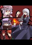  akatoro_(nightlord) blue_eyes book braid glasses hat hong_meiling izayoi_sakuya knife koakuma lavender_hair letterboxed multiple_girls patchouli_knowledge purple_eyes purple_hair red_eyes red_hair red_scarf remilia_scarlet scarf silver_hair touhou twin_braids 