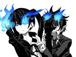  ao_no_exorcist black_rock_shooter black_rock_shooter_(character) crossover monochrome okumura_rin pointy_ears spot_color tail tail_grab 