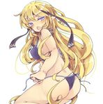  andras ass bad_id bad_pixiv_id bikini blonde_hair blue_eyes blush breasts elf long_hair mabinogi masirosu medium_breasts open_mouth pointy_ears ribbon side-tie_bikini sideboob solo swimsuit 