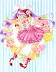  :d animal_ears bow bunny_ears choker di_gi_charat flower hair_bow high_heels marker_(medium) open_mouth purple_hair ribbon ribbon_choker riuill rose shoes smile solo striped striped_background traditional_media twintails usada_hikaru wrist_ribbon 