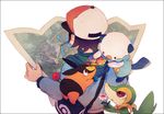  21grams bad_id bad_pixiv_id bag baseball_cap berries black_border black_hair border flower from_behind gen_5_pokemon hat holding holding_flower hood hood_basket hood_down long_sleeves map oshawott pokemon pokemon_(creature) pokemon_(game) pokemon_bw reading shoulder_bag simple_background snivy tepig touya_(pokemon) trick_or_treat white_background 