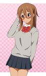  brown_eyes brown_hair fukuoka_katsumi glasses hinata_(fukuoka_katsumi) long_hair original ponytail school_uniform solo sweater 