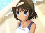  1girl beach bellybutton bikini blue_eyes blush breasts brown_hair cleavage dark_skin dark_skinned game_cg hand_on_head koi_to_mizugi_to_taiyo_to large_breasts looking_up male_hand navel ocean one-piece_swimsuit one_piece_swimsuit open_mouth outdoors pov sand shore short_hair sunlight sunshine swimsuit tan tanline water waves white_bikini white_swimsuit 