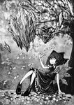  akasia bow cherry_blossoms cirno dress frog greyscale hair_bow highres ice monochrome sitting smile solo touhou wings 