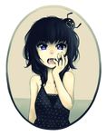  bare_shoulders black_dress black_hair blue_eyes creature dress face frame hand_on_own_cheek hand_on_own_face hands highres messy_hair original pas_(paxiti) saliva solo transparent_background upper_body yami_shoujo yawning 