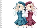  2girls allegro_mistic blonde_hair blue_eyes hat original red_eyes ribbons skirt thighhighs twins watermark wink 