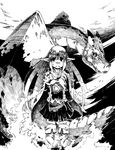  boots cape circlet dragon greyscale hair_ornament kannasetsuna long_hair magic miniskirt monochrome original pleated_skirt pointy_ears skirt solo thigh_boots thighhighs 