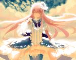  1girl blue_neckwear blue_sky bow bowtie bracelet chinese_commentary cloud cloudy_sky commentary cowboy_shot double_lariat_(vocaloid) dress eyes_closed frilled_skirt frills gloves hair_ornament jewelry kidlove0102 light_smile long_hair megurine_luka pink_hair puffy_short_sleeves puffy_sleeves reaching_out short_sleeves skirt sky solo straight_hair striped striped_dress sunlight thighhighs very_long_hair vocaloid white_gloves 