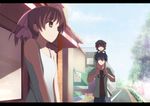  2girls alternate_hairstyle antenna_hair bad_id bad_pixiv_id blue_hair brown_eyes brown_hair building carrying child clannad closed_eyes cloud day dress family furukawa_nagisa hair_ribbon happy hat kokuha letterboxed long_hair multiple_girls okazaki_tomoya okazaki_ushio open_mouth plant ponytail ribbon shoes short_hair shoulder_carry sky smile star tree window 