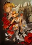  1girl blonde_hair blood bow brother_and_sister castle closed_eyes cross dress flower gloves green_eyes hair_bow hair_ribbon hat jewelry kagamine_len kagamine_rin lea.sy necklace ribbon rose short_hair siblings tears twins vocaloid white_dress 