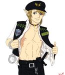  baton belt clothing collar ear_piercing earring elf english_text handcuffs hat hi_res key link lupuslucundum male muscles nightstick nipples not_furry pants piercing pikagirlxd pointy_ears police_hat police_officer police_uniform pouch shackles shirt solo text the_legend_of_zelda tonfa undressing vest video_games 