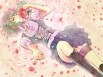  bad_id bad_pixiv_id boots dobu_hinako flower foreshortening from_above green_eyes green_hair gumi highres legband lying on_back petals rose short_hair solo vocaloid 