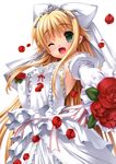  :o ;d absurdres blonde_hair bouquet bride charlotte_tiger crown dress fang flower gloves green_eyes hair_ribbon happy highres itoshii_kanojo_no_mamorikata leaf long_hair one_eye_closed open_mouth petals red_flower red_rose ribbon rose rose_petals senomoto_hisashi smile solo source_request wedding wedding_dress white_gloves 