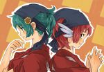  alternate_hairstyle animal_ears back-to-back bad_id bad_pixiv_id cosplay flower green_hair hikali kazami_yuuka looking_back multiple_girls mystia_lorelei mystia_lorelei_(cosplay) okamisty pink_hair profile red_hair short_hair sunflower touhou 