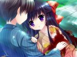  amagami_akito black_hair blood bow brown_hair game_cg japanese_clothes kimono loli long_hair mitha purple_eyes short_hair yuyukana 