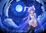  animal_ears black_legwear bow bowtie bunny_ears inu3 long_hair miniskirt moon moonlight night pink_skirt pleated_skirt purple_hair red_eyes reisen_udongein_inaba skirt solo star thighhighs touhou very_long_hair zettai_ryouiki 