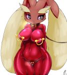  1girl :3 animal_ears arms_behind_back artist_name black_eyes blush bodysuit breasts breath bunny_ears clitoris_piercing closed_mouth clothed_pokemon collar cottontail covered_collarbone covered_navel creatures_(company) dated erect_clitoris erect_nipples female flying_sweatdrops furry game_freak gen_4_pokemon large_breasts leash light_blush looking_away looking_to_the_side lopunny nintendo nipple_piercing no_humans piercing pink_sclera pokemon pokemon_(creature) red_bodysuit shiny shiny_clothes shy signature simple_background skin_tight smile solo thick_thighs thighs white_background wide_hips 