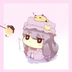  1girl :&lt; =_= animal animal_on_head blush cat cat_on_head chibi chibi_on_head crescent dress feeding food hair_ribbon hat hazuki_ruu kuzuneko long_hair on_head original patchouli_knowledge pink_dress purple_hair ribbon sleeping solo staring takoyaki touhou zzz 