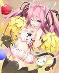  &gt;_&lt; ahoge animal_ears balloon bare_shoulders bell black_legwear blue_eyes blush cat cat_ears cat_tail cheerleader closed_eyes fang garter_belt hair_ribbon jingle_bell kakao long_hair microskirt navel one_eye_closed open_mouth original paw_print pink_hair pleated_skirt pom_poms print_skirt ribbon skirt solo tail tail_bell thighhighs twintails white_skirt 