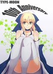  ahoge akatsuki_ikki anniversary artoria_pendragon_(all) bad_id bad_pixiv_id bare_shoulders blonde_hair bow convenient_leg dress face fate/stay_night fate/unlimited_codes fate_(series) green_eyes hair_bow highres looking_at_viewer saber saber_lily smile solo star thighhighs white_legwear 