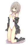 bangs bare_shoulders black_legwear blush covering covering_breasts embarrassed flat_chest grey_eyes grey_hair jacket kneehighs kneeling legs looking_at_viewer looking_back off_shoulder one-piece_swimsuit open_clothes open_jacket original profile shadow short_hair simple_background sketch socks solo swimsuit swimsuit_under_clothes tatsuhiko wet wet_hair white_swimsuit 