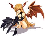  asymmetrical_clothes asymmetrical_clothing bare_shoulders breasts cleavage demon_girl elbow_gloves gloves high_heels long_hair looking_at_viewer lord_of_vermilion open_mouth orange_eyes orange_hair pointy_ears shoes single_wing sitting solo succubus succubus_(lord_of_vermilion) wings yuru_(kashima) 