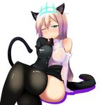  :&lt; animal_ears arm_support atahuta black_legwear blonde_hair blush cat_ears cat_tail crossed_legs elbow_gloves gloves green_eyes heinrike_prinzessin_zu_sayn-wittgenstein hirschgeweih_antennas long_hair looking_at_viewer military military_uniform noble_witches off_shoulder one_eye_closed see-through simple_background sitting solo tail thighhighs undressing uniform white_background world_witches_series 