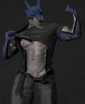  5_fingers abs anthro belt biped black_body black_skin blue_body blue_skin bottomwear canid canine clothed clothing clothing_lift compression_artifacts denim denim_bottomwear denim_clothing digital_media_(artwork) doggie_kruger fingers flexing front_view grey_background humanoid_hands jeans looking_at_viewer male mammal muscular muscular_anthro muscular_male nipples open_bottomwear open_clothing open_pants pants partially_clothed portrait power_rangers shirt shirt_lift simple_background solo standing three-quarter_portrait topwear unknown_artist white_body white_skin 