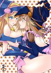  bare_shoulders blonde_hair blue_eyes breasts bxssp754 choker dark_magician_girl duel_monster gagaga_girl hat imminent_kiss large_breasts multiple_girls open_mouth orange_eyes teeth thighs witch_hat yuri yuu-gi-ou 