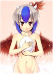  bad_id bad_pixiv_id blue_hair blush collarbone egg groin head_wings hinami_(hinatamizu) horns multicolored_hair navel nude red_eyes red_wings short_hair silver_hair single_head_wing smile solo tokiko_(touhou) touhou two-tone_hair wings 