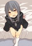  bed black_serafuku black_skirt blush brown_eyes egg_vibrator face foreshortening from_above grey_hair kiiroi_tamago kneehighs long_hair looking_up miniskirt mole mole_under_eye open_mouth original pov school_uniform serafuku sitting skirt socks solo vibrator 