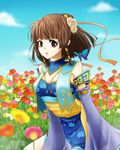  brown_eyes brown_hair detached_sleeves flower hair_ornament hinapecco open_mouth sangokushi_taisen short_hair solo xiao_qiao 