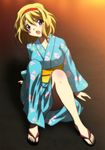  alice_margatroid arm_support bare_legs blonde_hair blue_kimono hairband highres japanese_clothes kimono non-web_source sandals sitting solo touhou yadokari_genpachirou yukata 