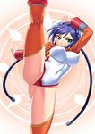  android arcana_heart arcana_heart_3 blue_hair breasts bun_cover cable chinese_clothes covered_navel covered_nipples double_bun flexible green_eyes hair_ornament high_kick kicking large_breasts leg_up legs leotard mei-fang ono_misao open_mouth shrug_(clothing) solo split standing standing_on_one_leg standing_split thighhighs thighs twintails 