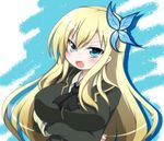  blonde_hair blue_eyes blush boku_wa_tomodachi_ga_sukunai breasts bug butterfly butterfly_hair_ornament crossed_arms hair_ornament insect kashiwazaki_sena large_breasts long_hair oborotsuki_kakeru open_mouth school_uniform solo st._chronica_academy_uniform 